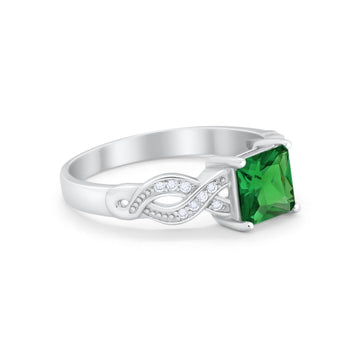 Solitaire Infinity Shank Ring Princess Cut Simulated Green Emerald CZ 925 Sterling Silver